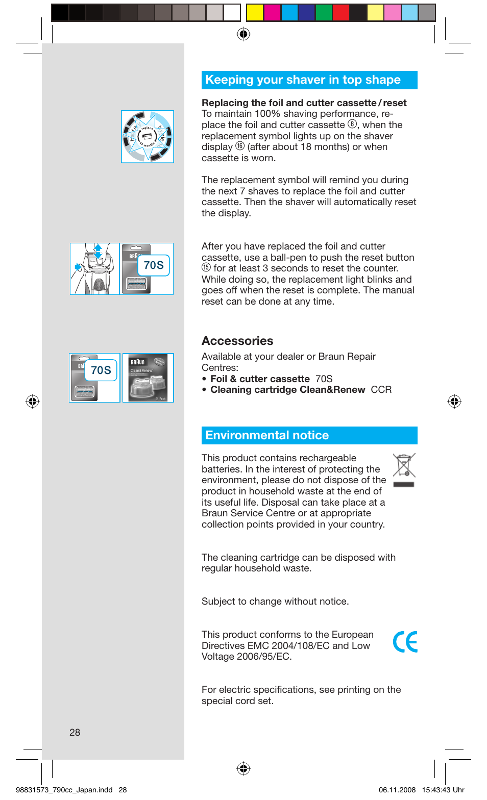 Keeping your shaver in top shape, Accessories, Environmental notice | Braun 7 User Manual | Page 28 / 31