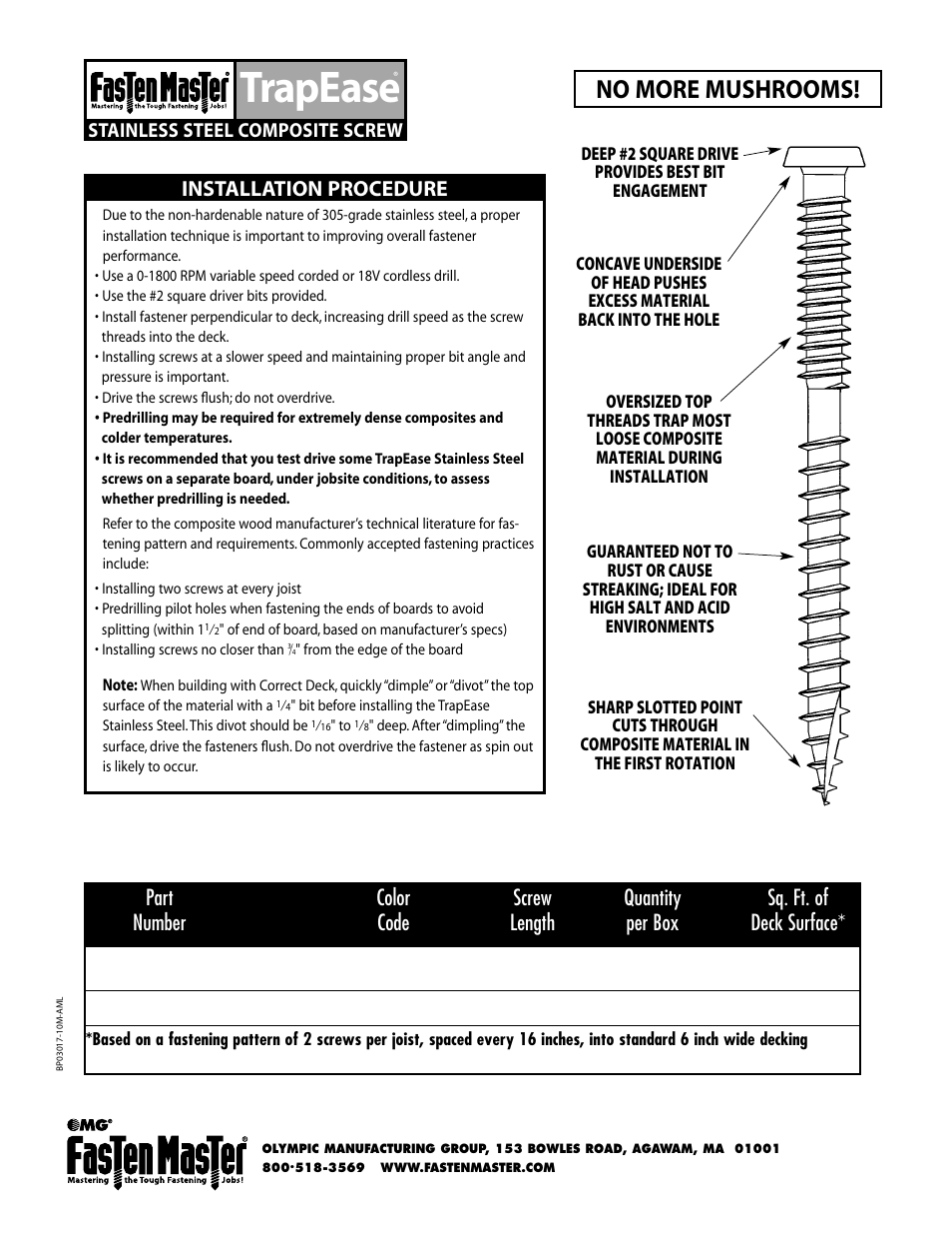 Trapease, No more mushrooms, Installation procedure | Stainless steel composite screw | FastenMaster TrapEase Stainless Steel User Manual | Page 2 / 2