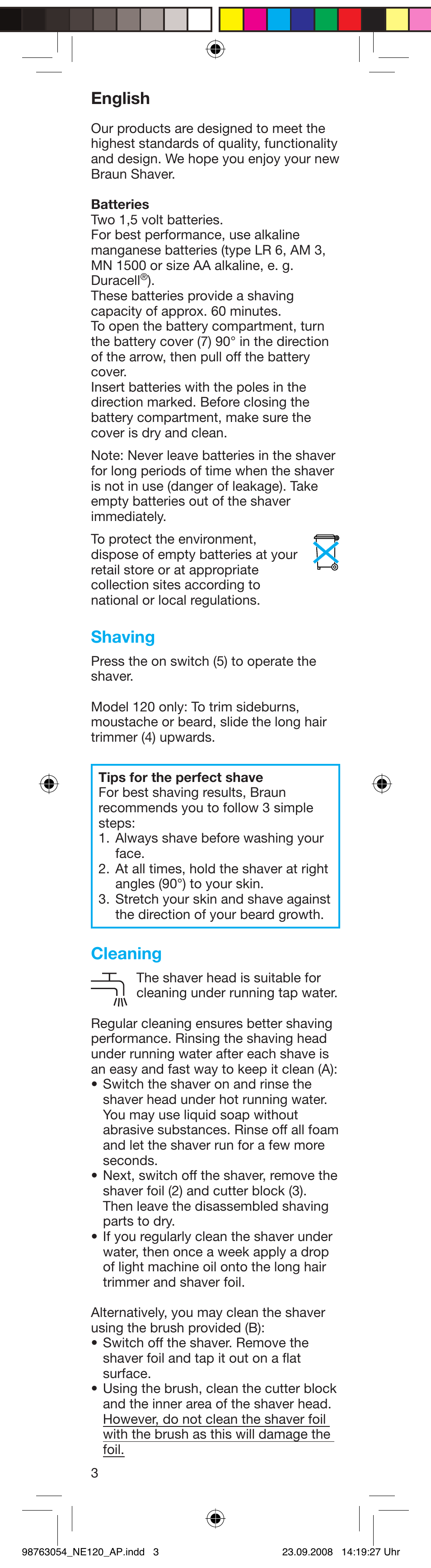 English, Shaving, Cleaning | Braun 110 User Manual | Page 3 / 14