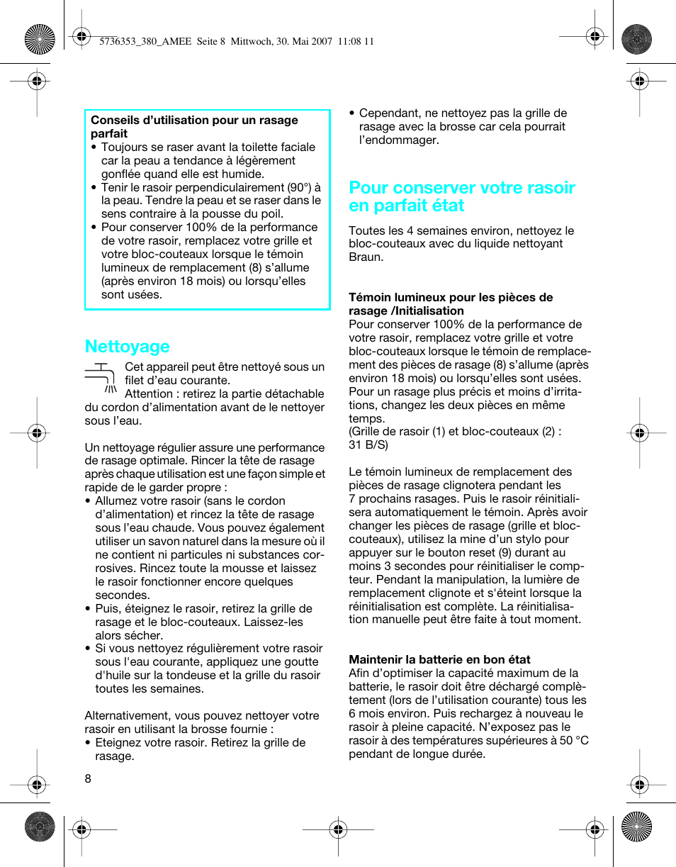 Nettoyage, Pour conserver votre rasoir en parfait état | Braun 5736 User Manual | Page 8 / 40