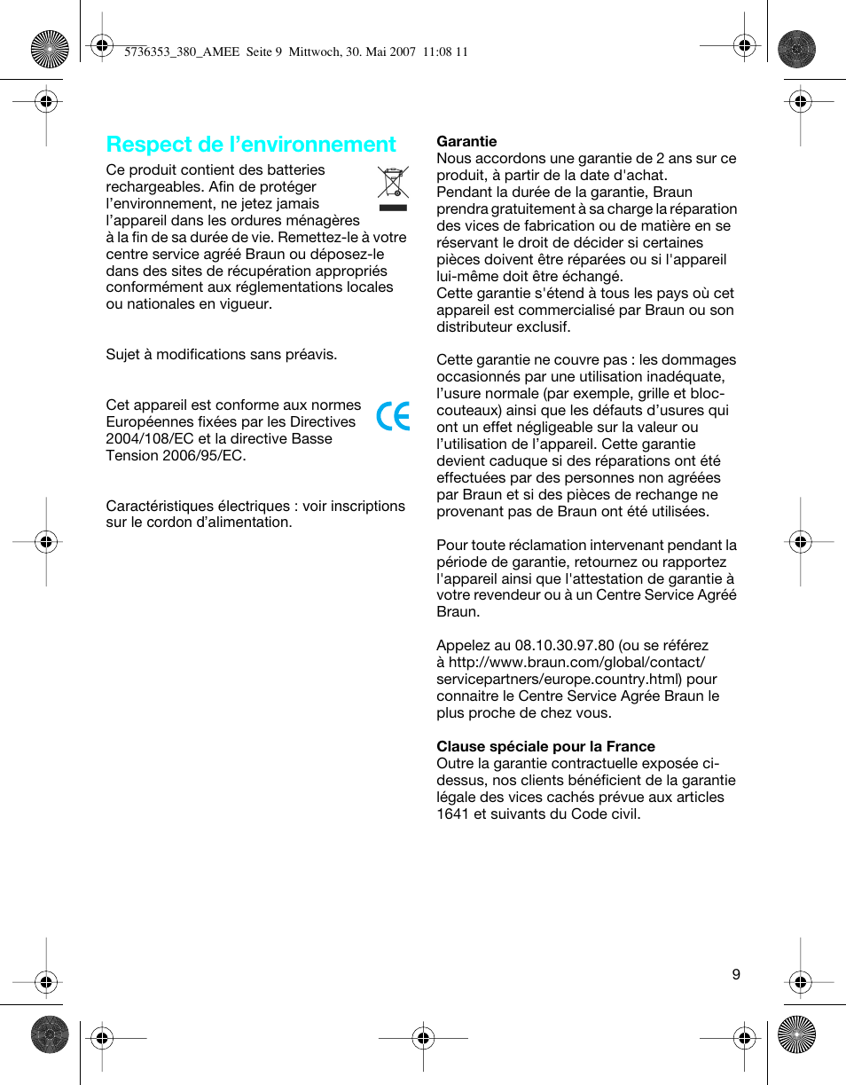Respect de l’environnement | Braun 5736 User Manual | Page 9 / 40