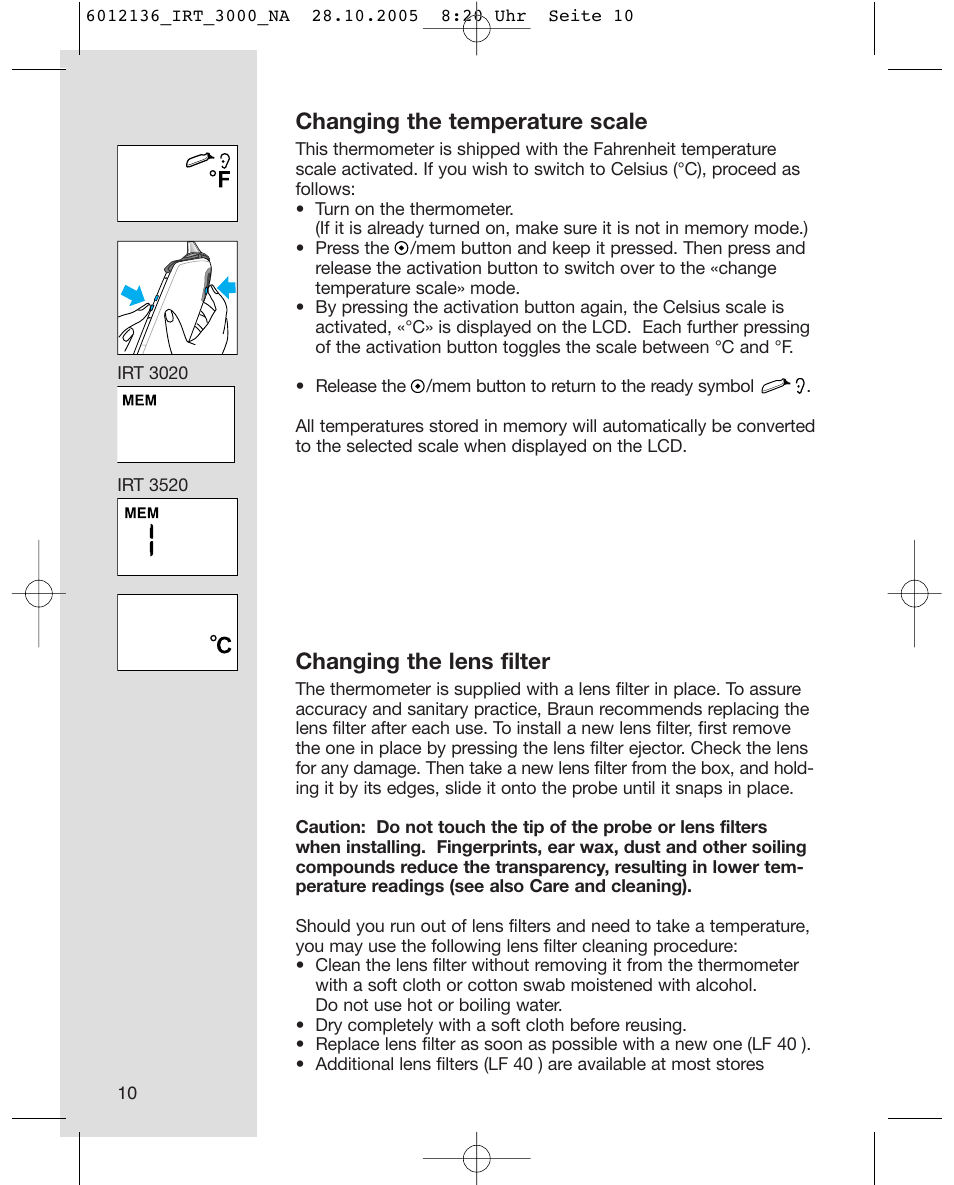 Changing the temperature scale, Changing the lens filter | Braun ThermoScan IRT 3020 User Manual | Page 10 / 16