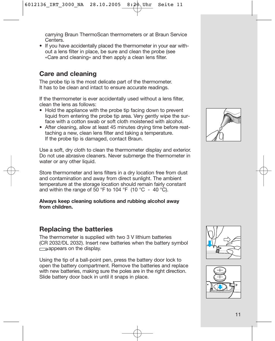 Care and cleaning, Replacing the batteries | Braun ThermoScan IRT 3020 User Manual | Page 11 / 16