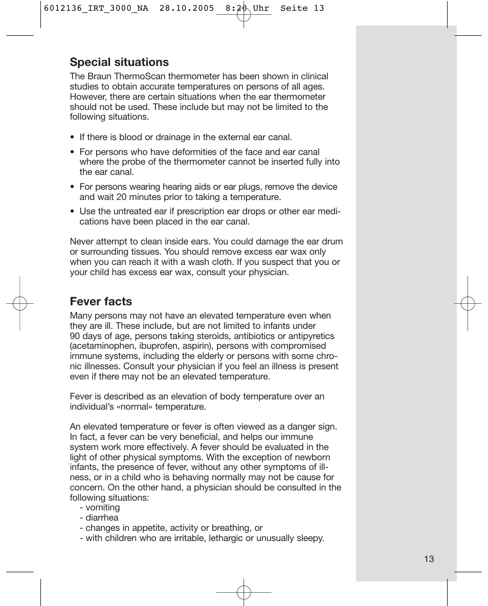 Special situations, Fever facts | Braun ThermoScan IRT 3020 User Manual | Page 13 / 16