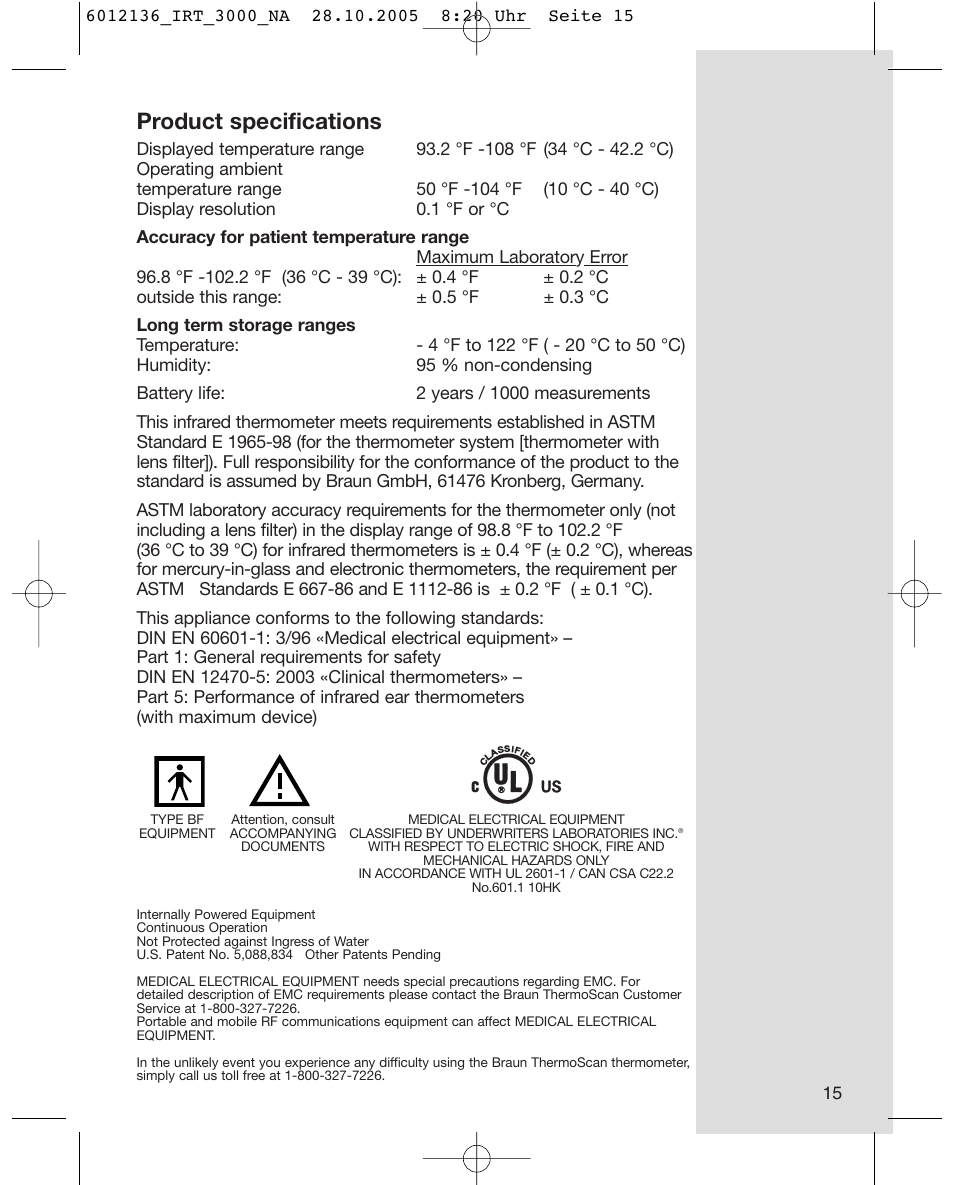 Product specifications | Braun ThermoScan IRT 3020 User Manual | Page 15 / 16