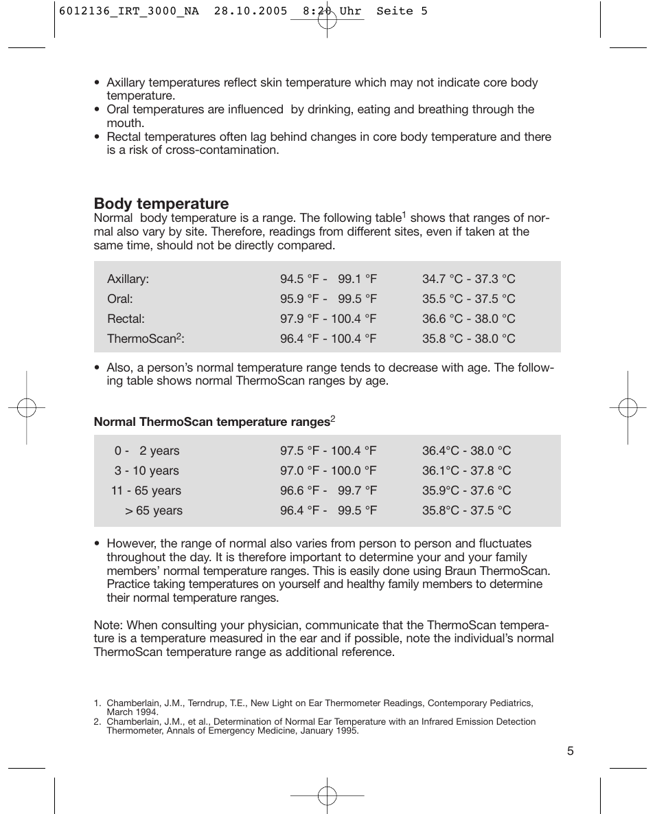 Body temperature | Braun ThermoScan IRT 3020 User Manual | Page 5 / 16