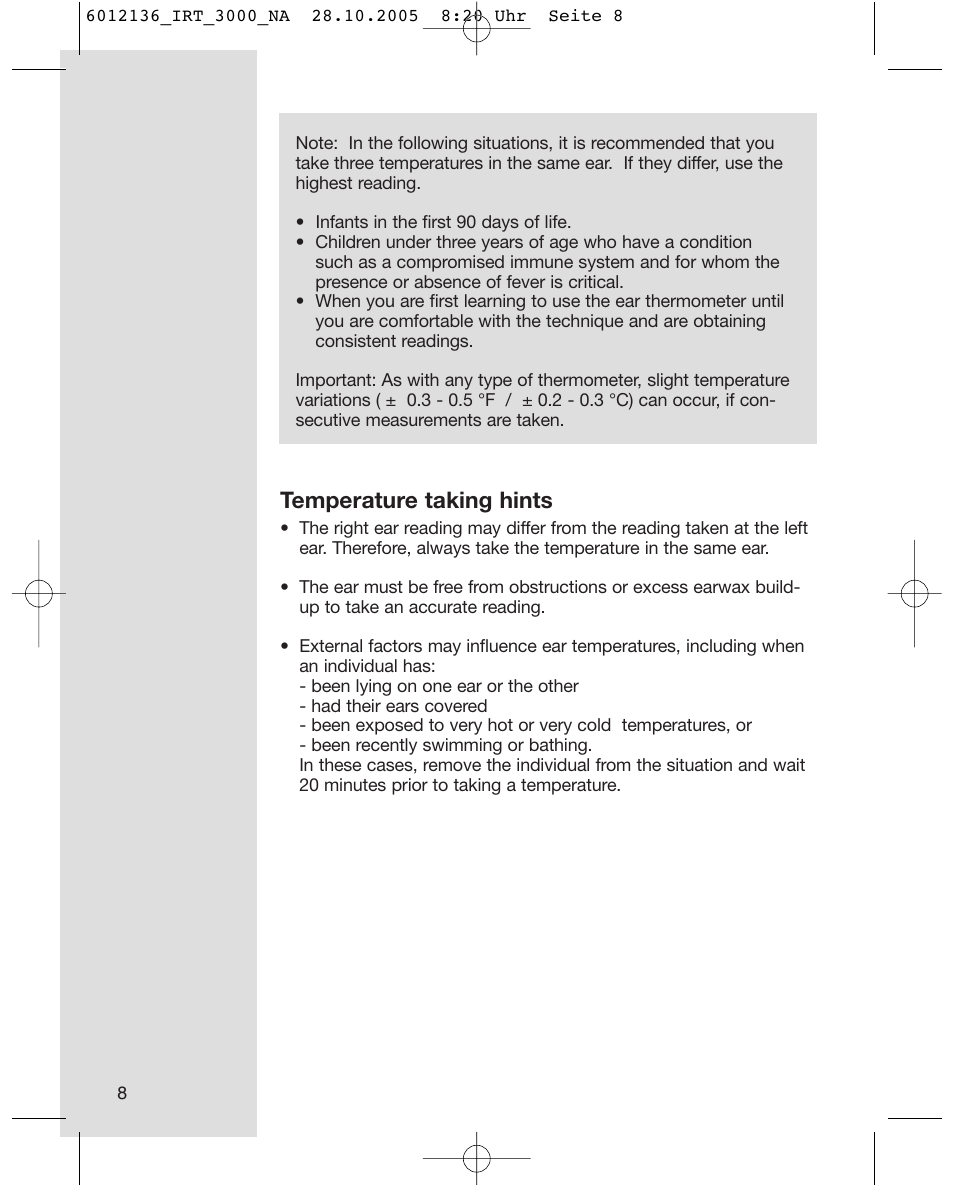 Temperature taking hints | Braun ThermoScan IRT 3020 User Manual | Page 8 / 16