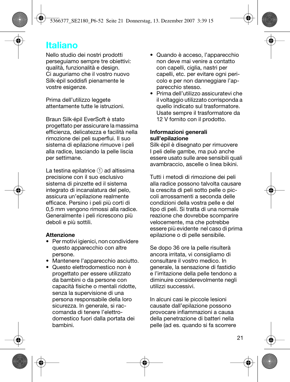 Italiano | Braun 2180 User Manual | Page 20 / 46