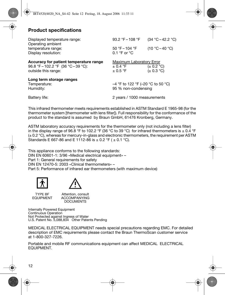 Product specifications | Braun ThermoScan IRT 4520 User Manual | Page 12 / 42