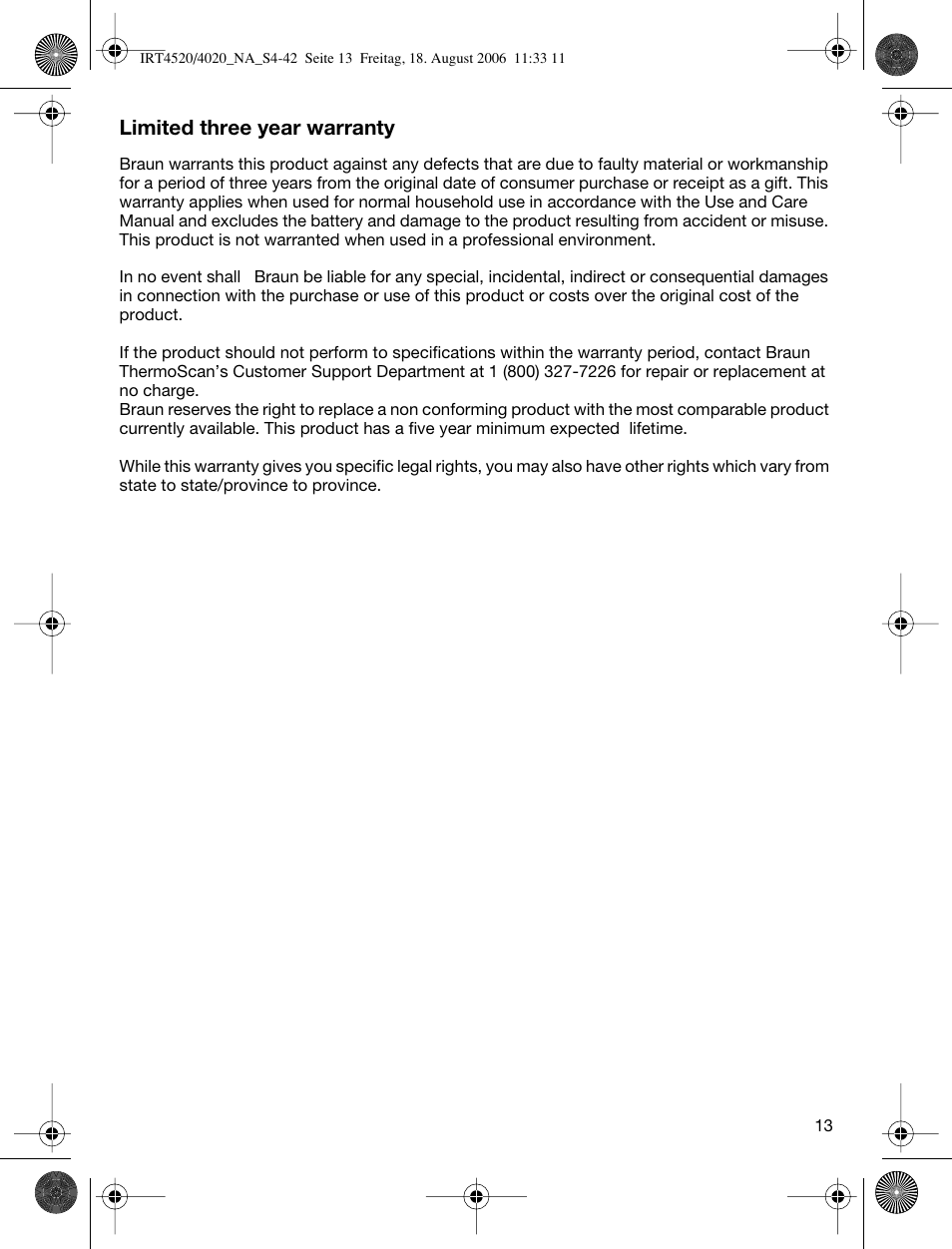 Limited three year warranty | Braun ThermoScan IRT 4520 User Manual | Page 13 / 42