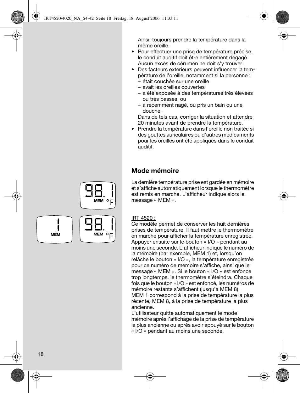 Mode mémoire | Braun ThermoScan IRT 4520 User Manual | Page 18 / 42