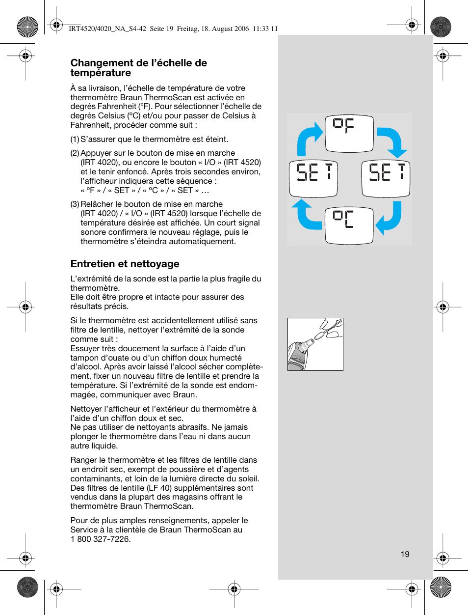 Changement de l’échelle de température, Entretien et nettoyage | Braun ThermoScan IRT 4520 User Manual | Page 19 / 42