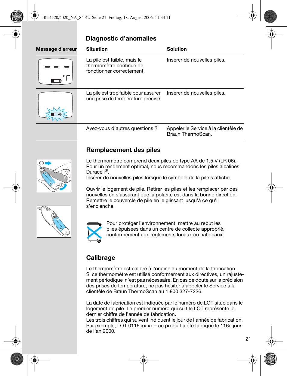 Diagnostic d’anomalies, Remplacement des piles, Calibrage | Braun ThermoScan IRT 4520 User Manual | Page 21 / 42