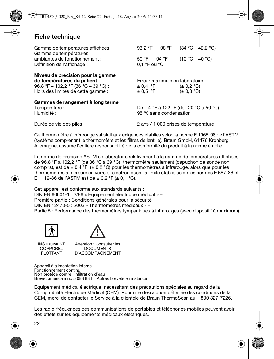 Fiche technique | Braun ThermoScan IRT 4520 User Manual | Page 22 / 42
