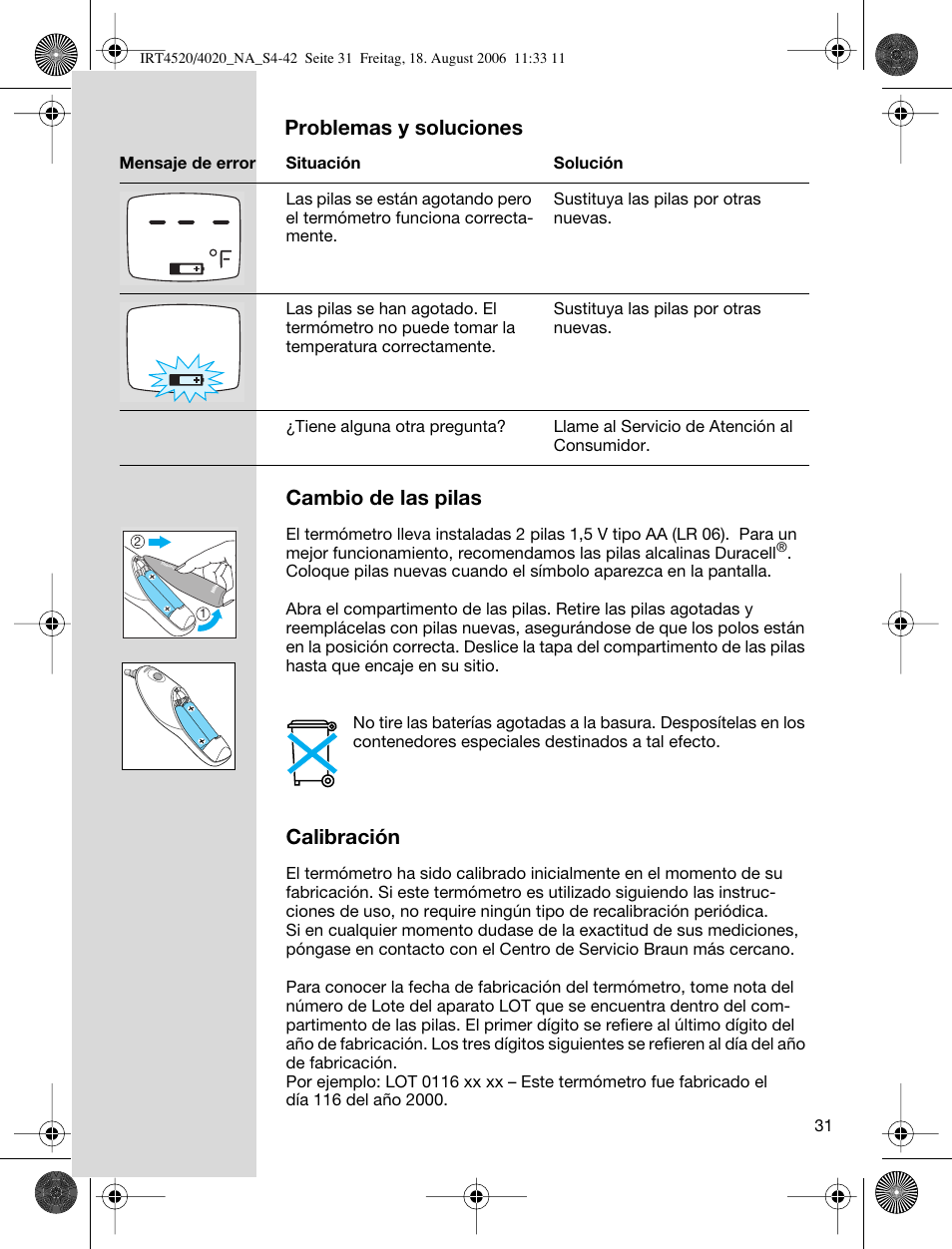 Problemas y soluciones, Cambio de las pilas, Calibración | Braun ThermoScan IRT 4520 User Manual | Page 31 / 42