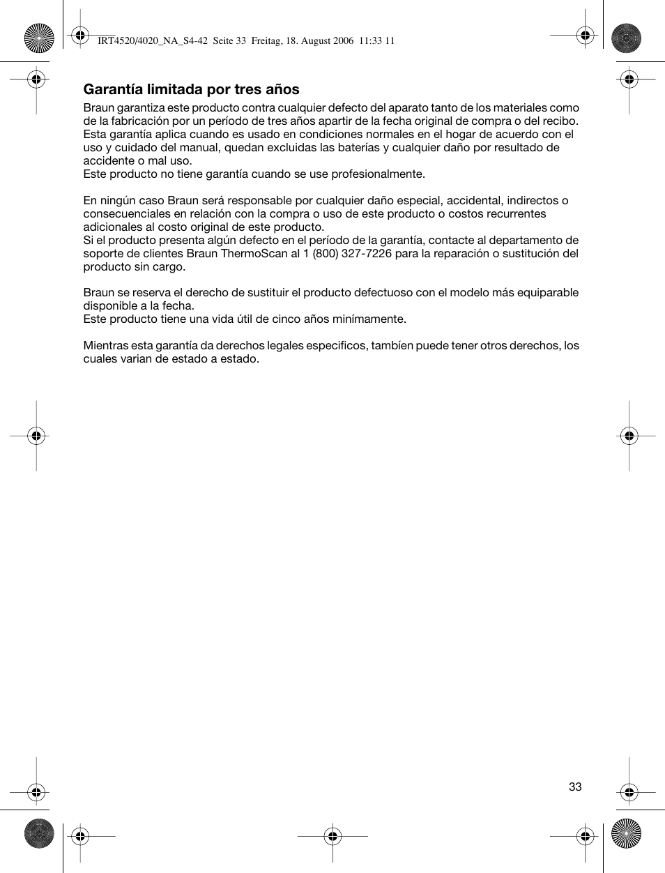 Garantía limitada por tres años | Braun ThermoScan IRT 4520 User Manual | Page 33 / 42