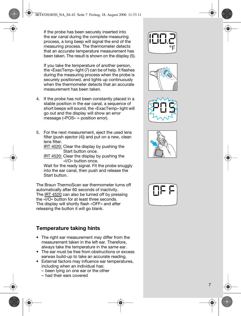 Temperature taking hints | Braun ThermoScan IRT 4520 User Manual | Page 7 / 42