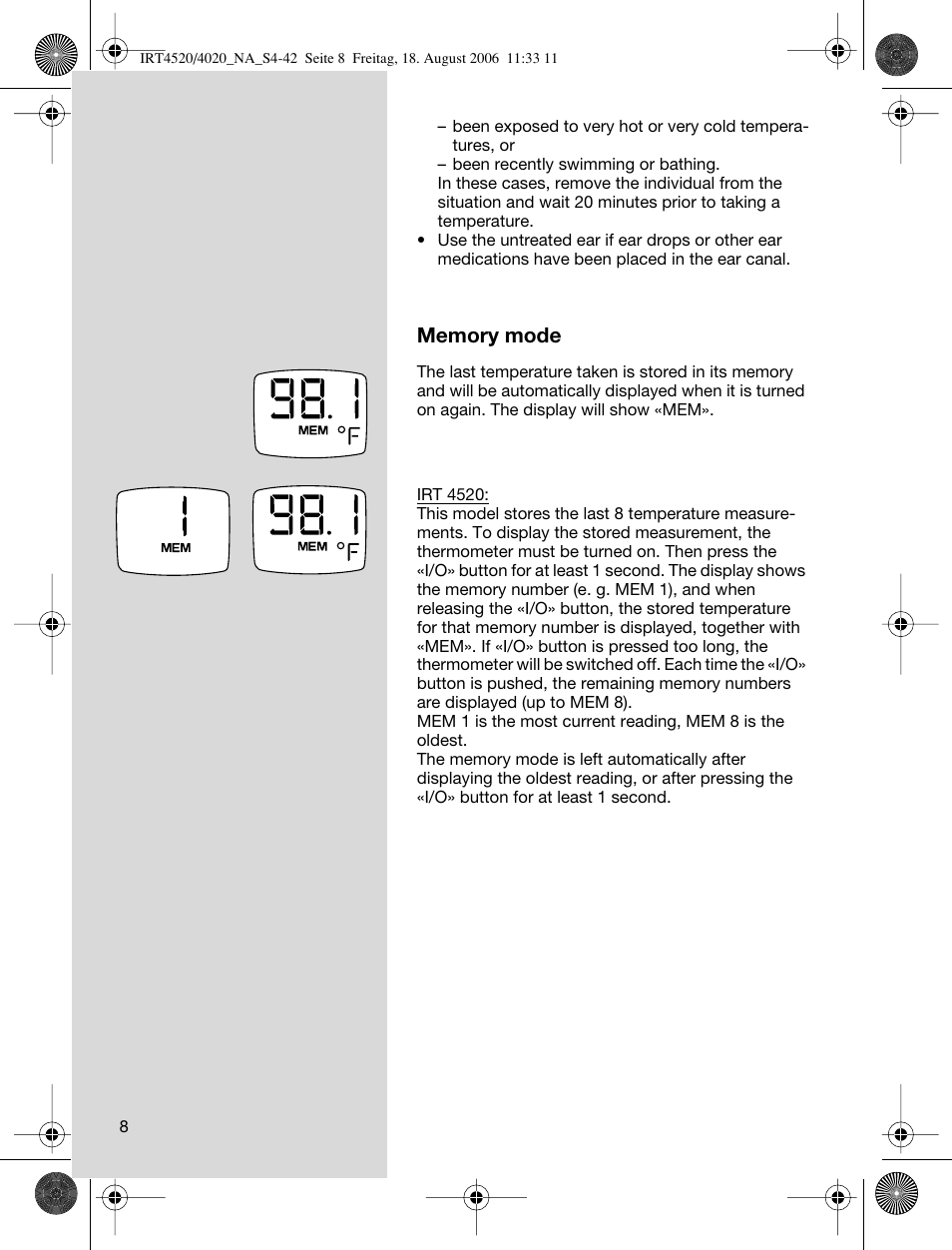 Braun ThermoScan IRT 4520 User Manual | Page 8 / 42