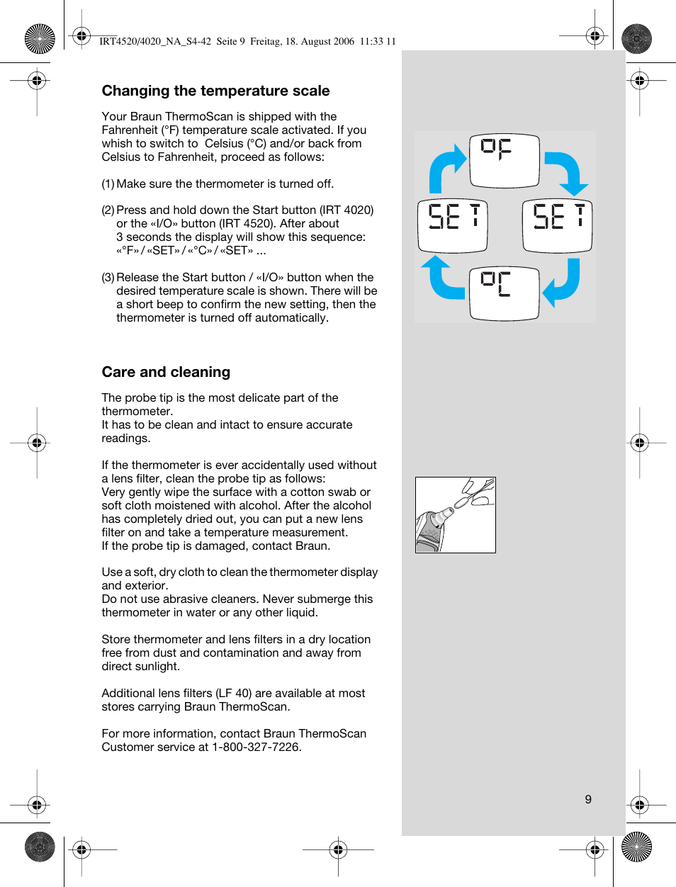Changing the temperature scale, Care and cleaning | Braun ThermoScan IRT 4520 User Manual | Page 9 / 42