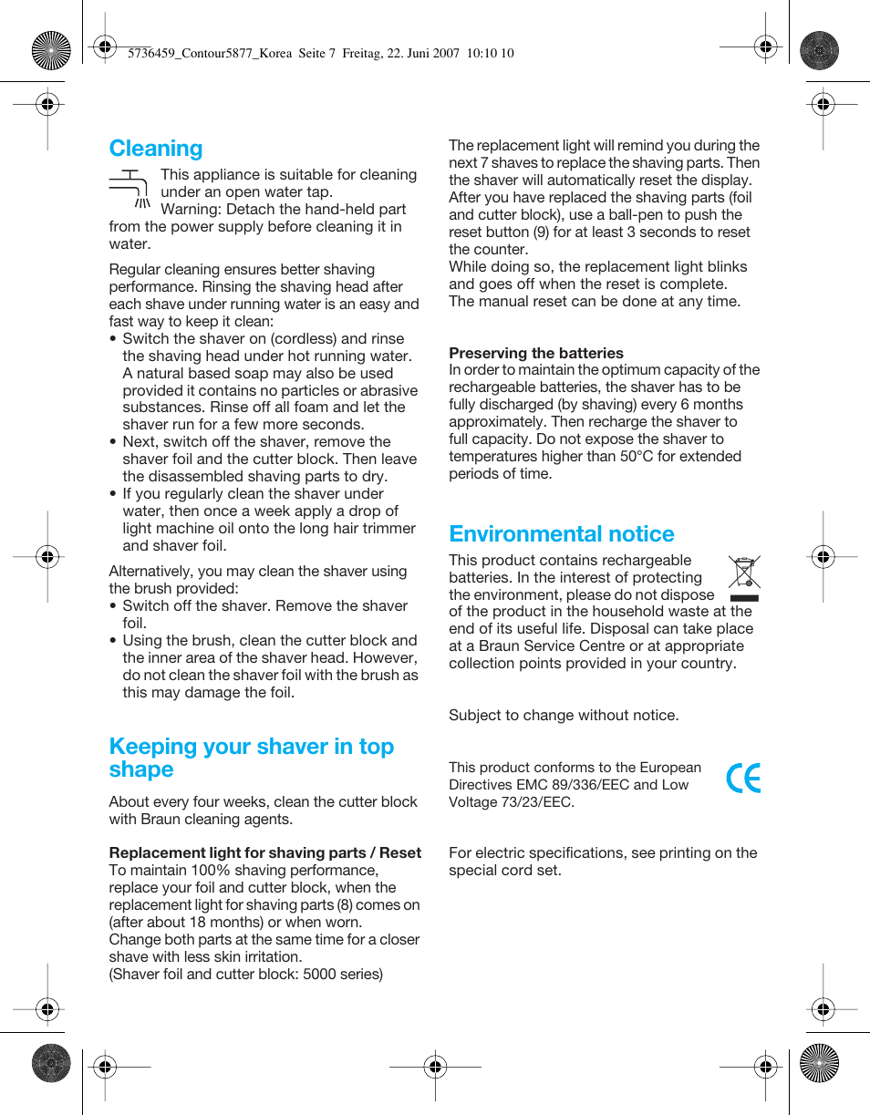 Cleaning, Keeping your shaver in top shape, Environmental notice | Braun 5873 User Manual | Page 7 / 8