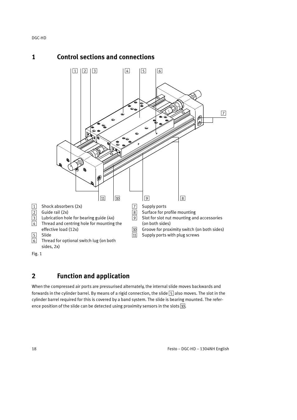1 control sections and connections, 2 function and application, 2function and application | Festo DGC-HD User Manual | Page 18 / 88