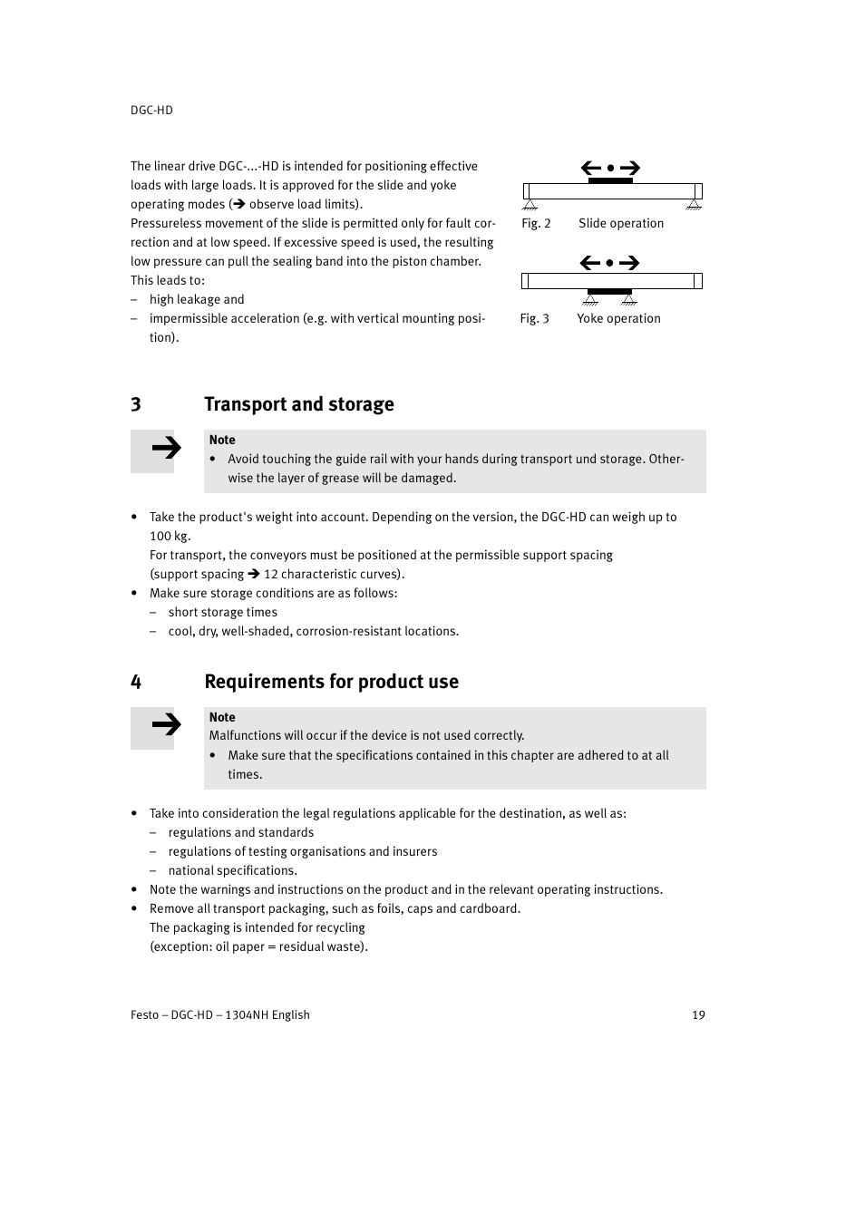 3 transport and storage, 4 requirements for product use, 3transport and storage | 4requirements for product use | Festo DGC-HD User Manual | Page 19 / 88