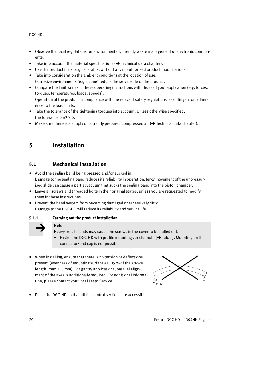 5 installation, 1 mechanical installation, 1 carrying out the product installation | 5installation | Festo DGC-HD User Manual | Page 20 / 88