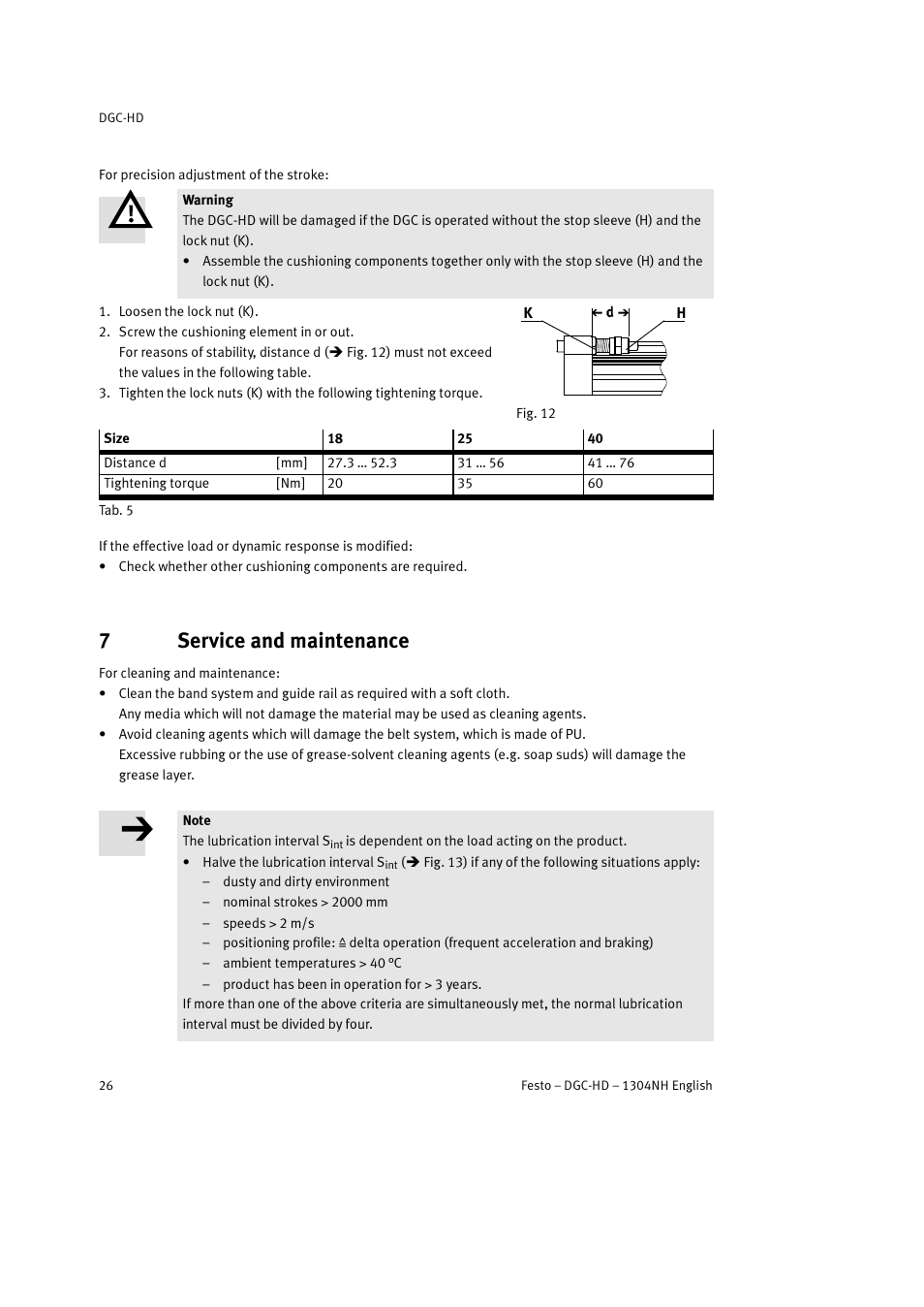 7 service and maintenance, 7service and maintenance | Festo DGC-HD User Manual | Page 26 / 88