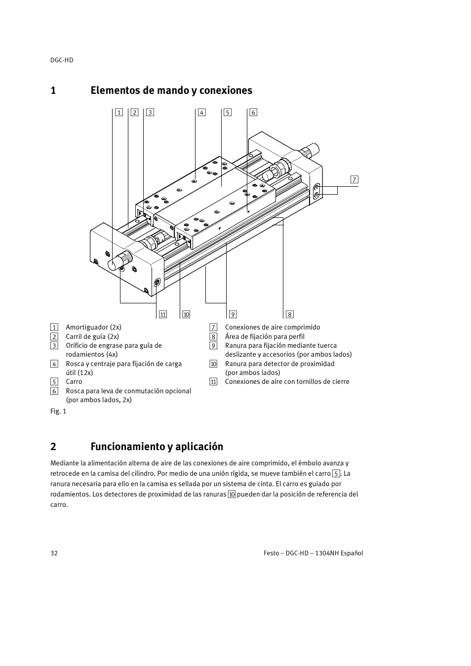 1 elementos de mando y conexiones, 2 funcionamiento y aplicación, 1elementos de mando y conexiones | 2funcionamiento y aplicación | Festo DGC-HD User Manual | Page 32 / 88