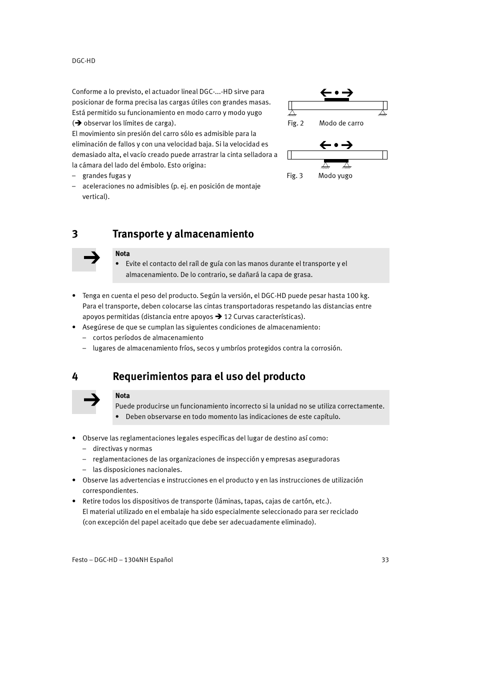 3 transporte y almacenamiento, 4 requerimientos para el uso del producto, 3transporte y almacenamiento | 4requerimientos para el uso del producto | Festo DGC-HD User Manual | Page 33 / 88