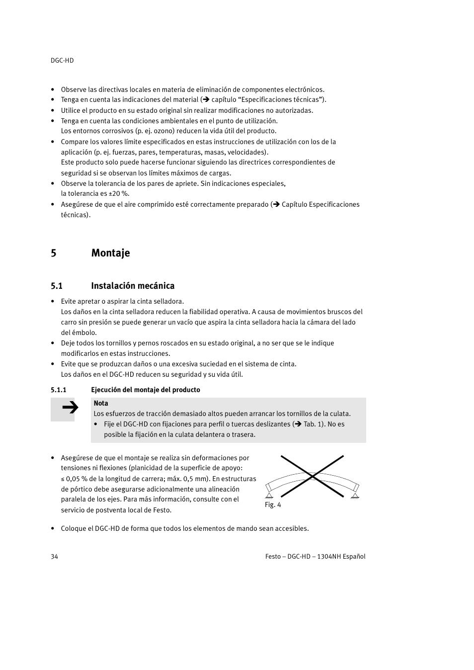 5 montaje, 1 instalación mecánica, 1 ejecución del montaje del producto | 5montaje | Festo DGC-HD User Manual | Page 34 / 88