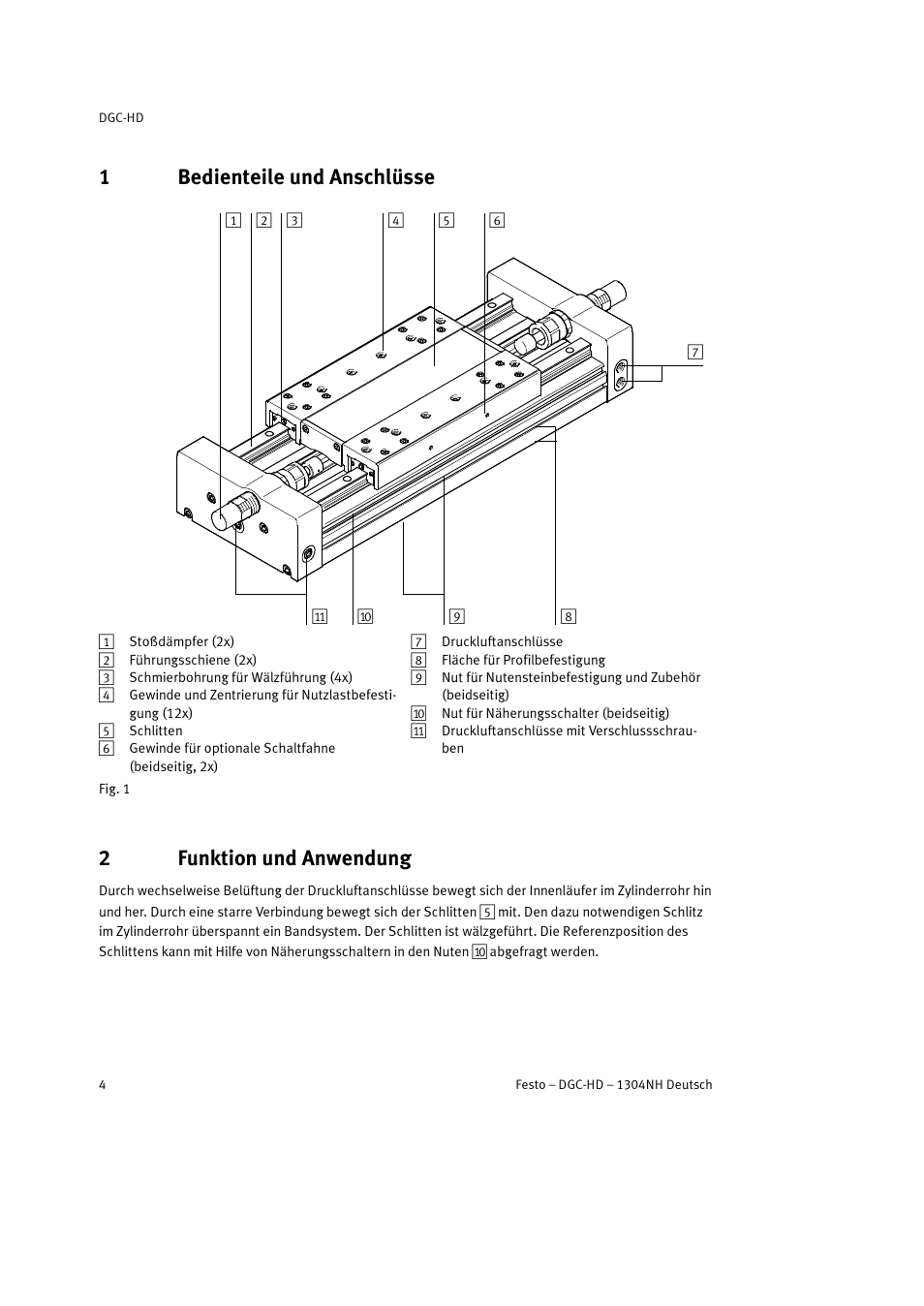 1 bedienteile und anschlüsse, 2 funktion und anwendung, 1bedienteile und anschlüsse | 2funktion und anwendung | Festo DGC-HD User Manual | Page 4 / 88
