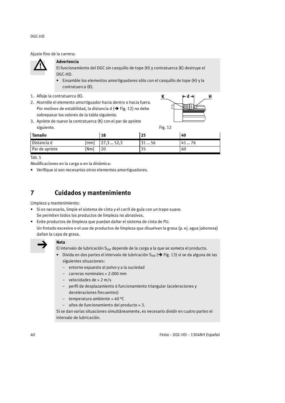 7 cuidados y mantenimiento, 7cuidados y mantenimiento | Festo DGC-HD User Manual | Page 40 / 88