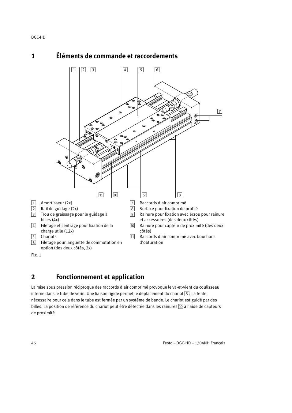 1 éléments de commande et raccordements, 2 fonctionnement et application, 1éléments de commande et raccordements | 2fonctionnement et application | Festo DGC-HD User Manual | Page 46 / 88