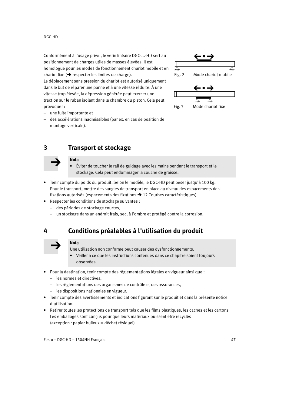 3 transport et stockage, 4 conditions préalables à l'utilisation du produit, 3transport et stockage | 4conditions préalables à l'utilisation du produit | Festo DGC-HD User Manual | Page 47 / 88