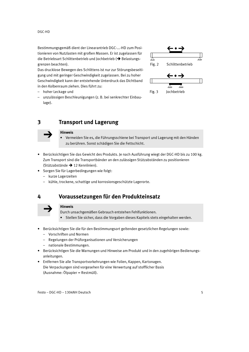 3 transport und lagerung, 4 voraussetzungen für den produkteinsatz, 3transport und lagerung | 4voraussetzungen für den produkteinsatz | Festo DGC-HD User Manual | Page 5 / 88