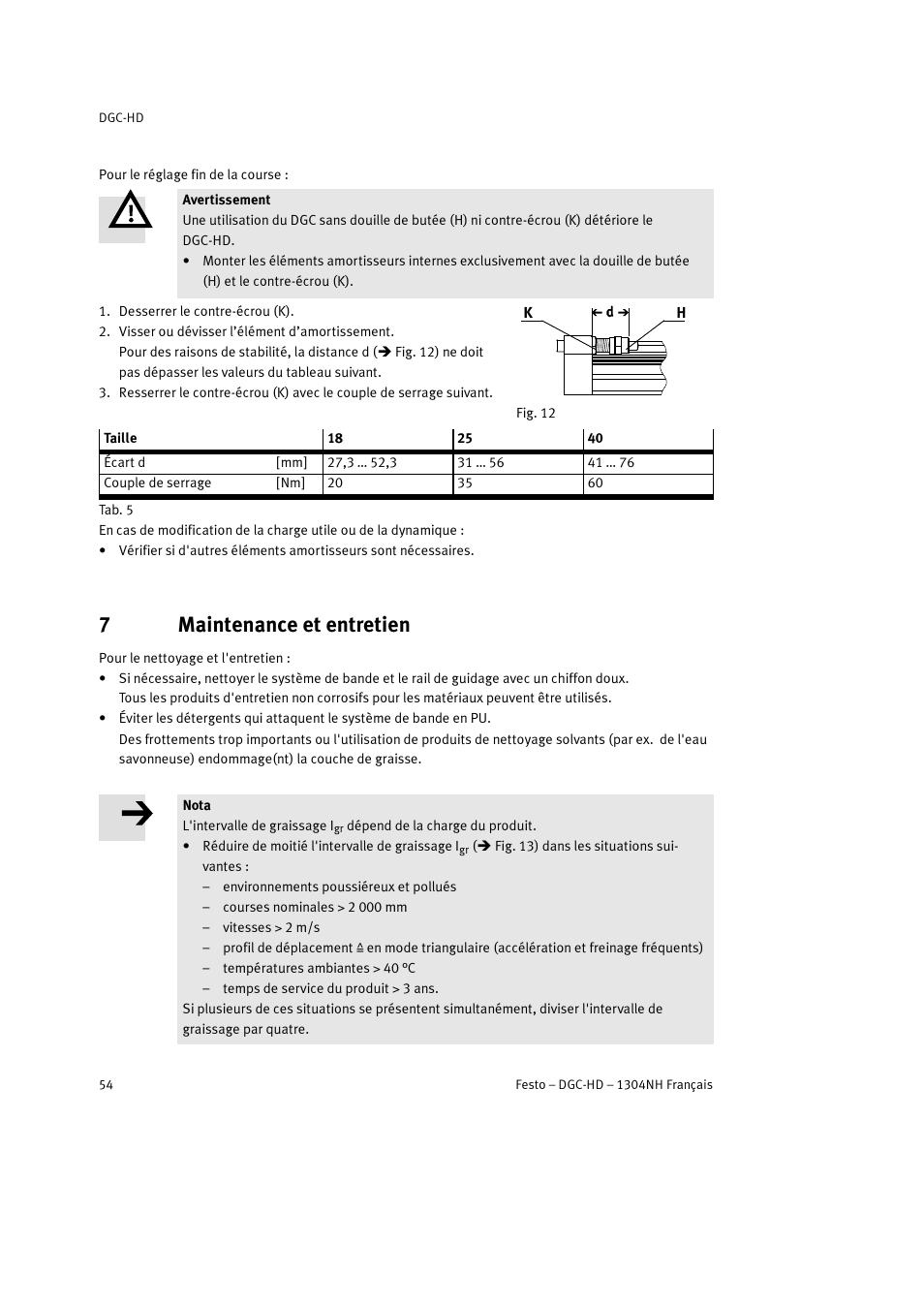7 maintenance et entretien, 7maintenance et entretien | Festo DGC-HD User Manual | Page 54 / 88