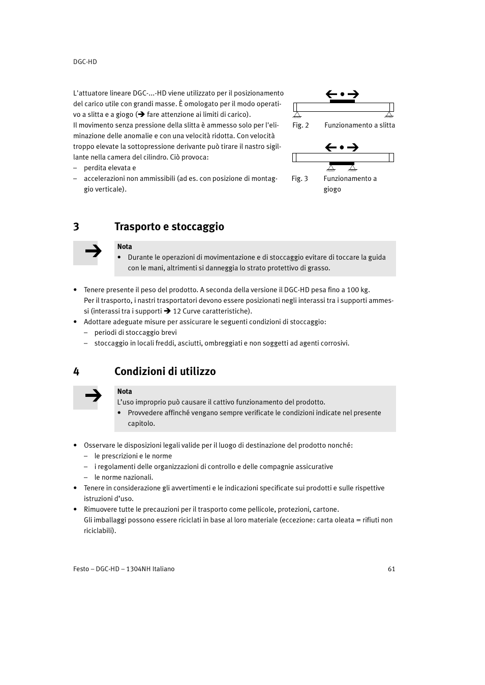 3 trasporto e stoccaggio, 4 condizioni di utilizzo, 3trasporto e stoccaggio | 4condizioni di utilizzo | Festo DGC-HD User Manual | Page 61 / 88
