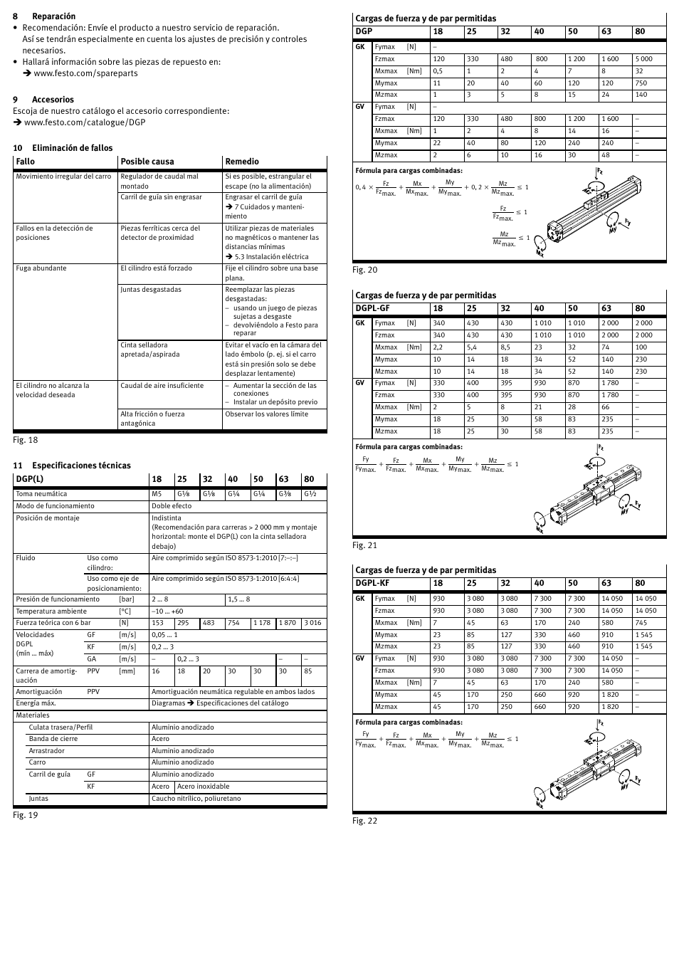 8 reparación, 9 accesorios, 10 eliminación de fallos | 11 especificaciones técnicas | Festo DGP(L)-…-B User Manual | Page 12 / 24
