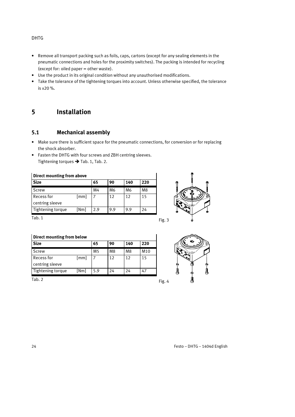 5 installation, 1 mechanical assembly, 5installation | Festo DHTG User Manual | Page 24 / 112