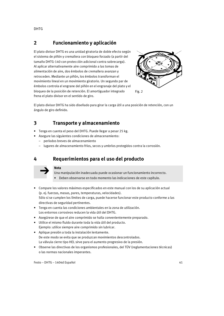 2 funcionamiento y aplicación, 3 transporte y almacenamiento, 4 requerimientos para el uso del producto | 2funcionamiento y aplicación, 3transporte y almacenamiento, 4requerimientos para el uso del producto | Festo DHTG User Manual | Page 41 / 112