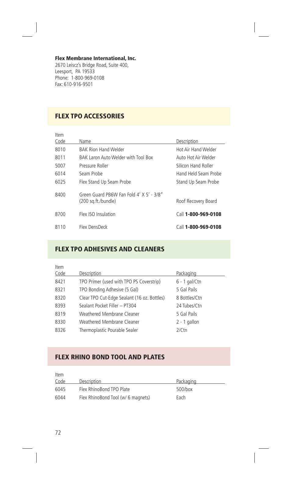 Flex tpo accessories, Flex tpo adhesives and cleaners, Flex rhino bond tool and plates | Flex TPO Для дома User Manual | Page 72 / 80