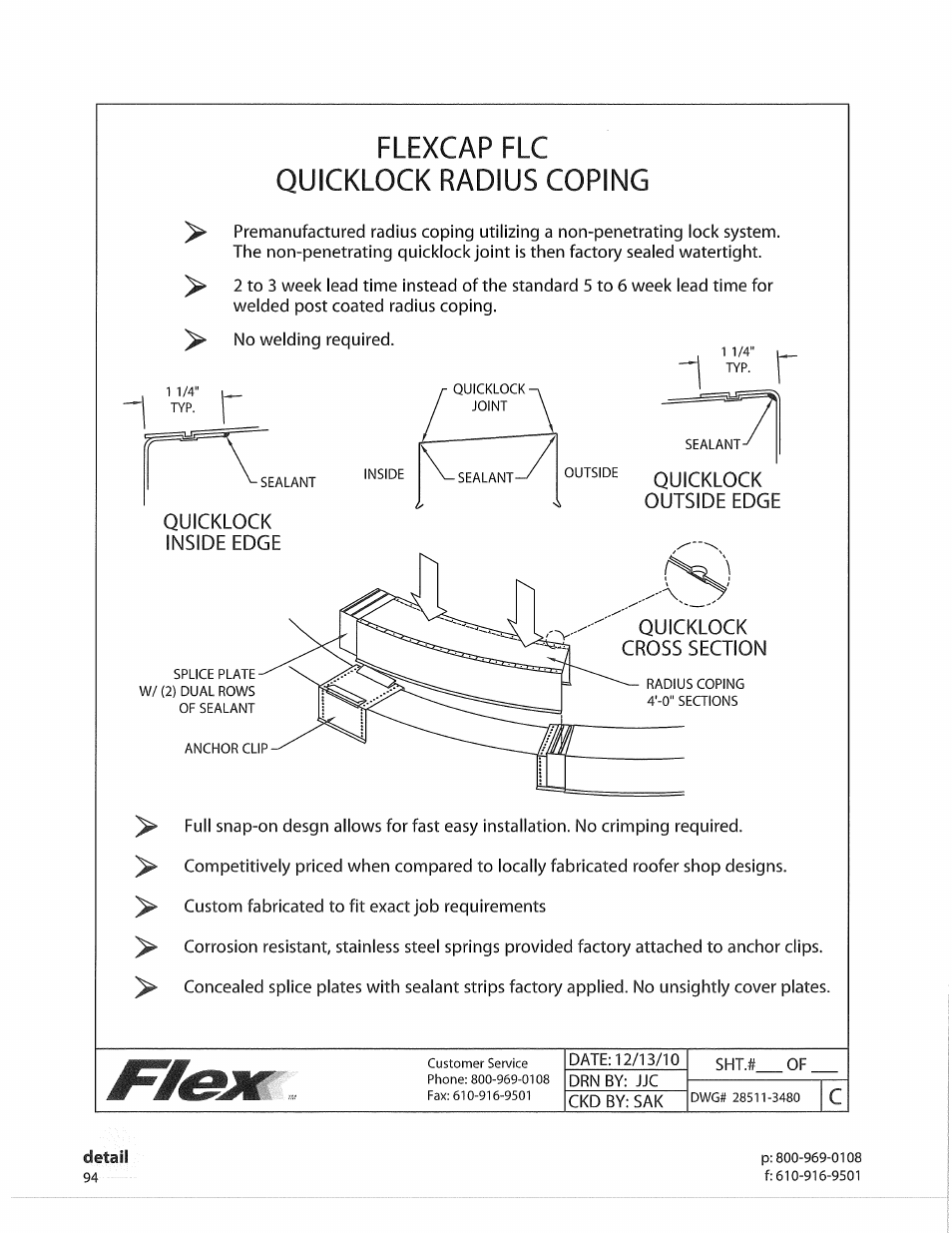 Quicklock outside edge, Quicklock inside edge, Quicklock cross section | Flexcap flc quicklock radius coping, Detail | Flex FLC Coping User Manual | Page 24 / 30