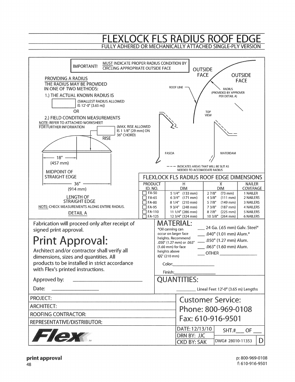 Print approval, Flexlock fls radius roof edge, Material | Quantities, Flexlock fls radius roof edge dimensions, Ckd by: sak | Flex FLS Roof Edge User Manual | Page 5 / 5