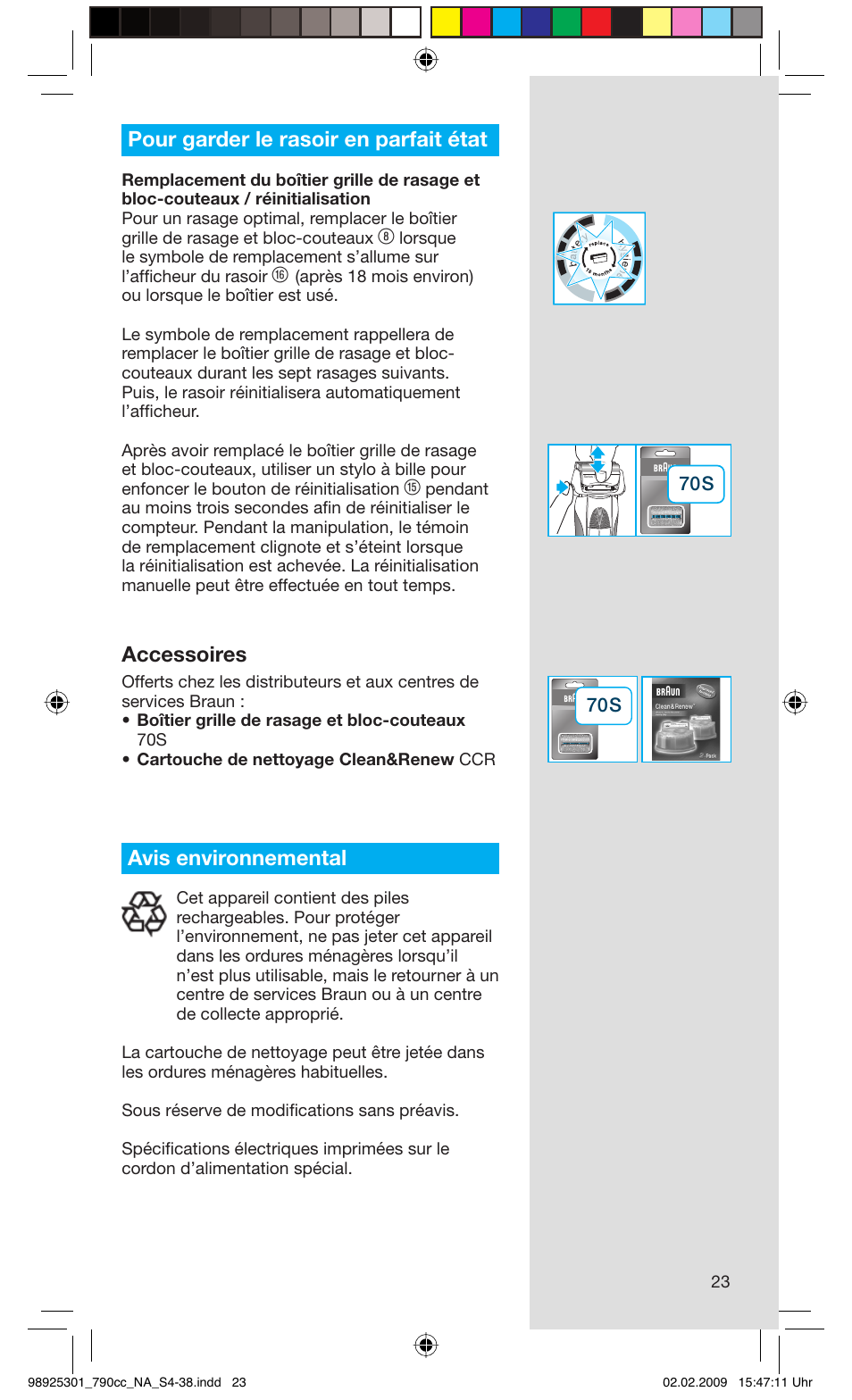Pour garder le rasoir en parfait état, Accessoires, Avis environnemental | Braun 5692 User Manual | Page 23 / 35