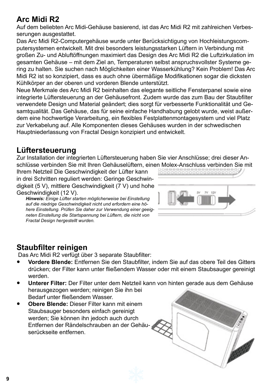 Arc midi r2, Lüftersteuerung, Staubfilter reinigen | Fractal Design ARC Midi R2 Solid Side Panel User Manual | Page 10 / 39