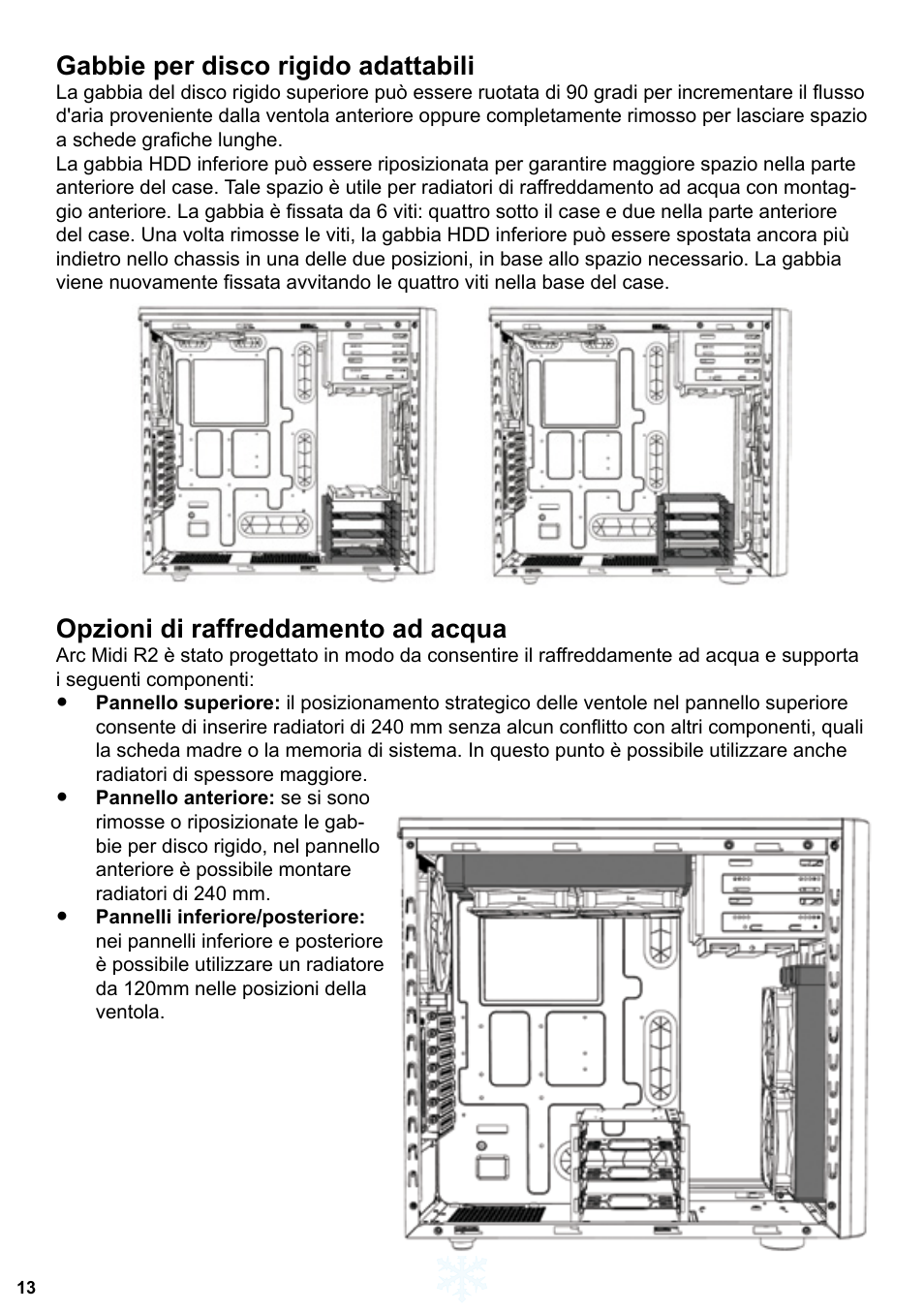 Gabbie per disco rigido adattabili, Opzioni di raffreddamento ad acqua | Fractal Design ARC Midi R2 Solid Side Panel User Manual | Page 14 / 39