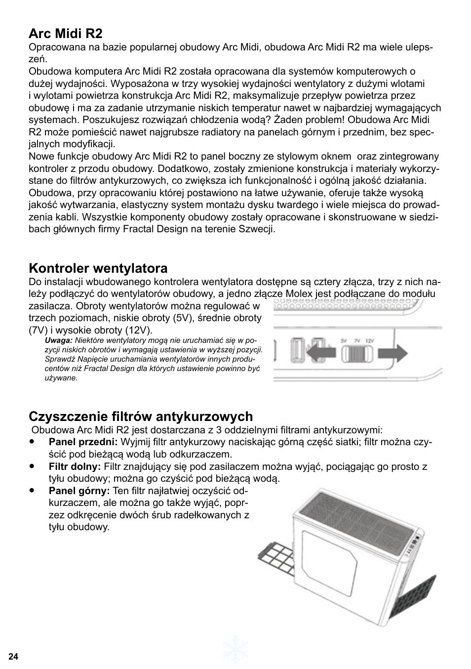 Arc midi r2, Kontroler wentylatora, Czyszczenie filtrów antykurzowych | Fractal Design ARC Midi R2 Solid Side Panel User Manual | Page 25 / 39