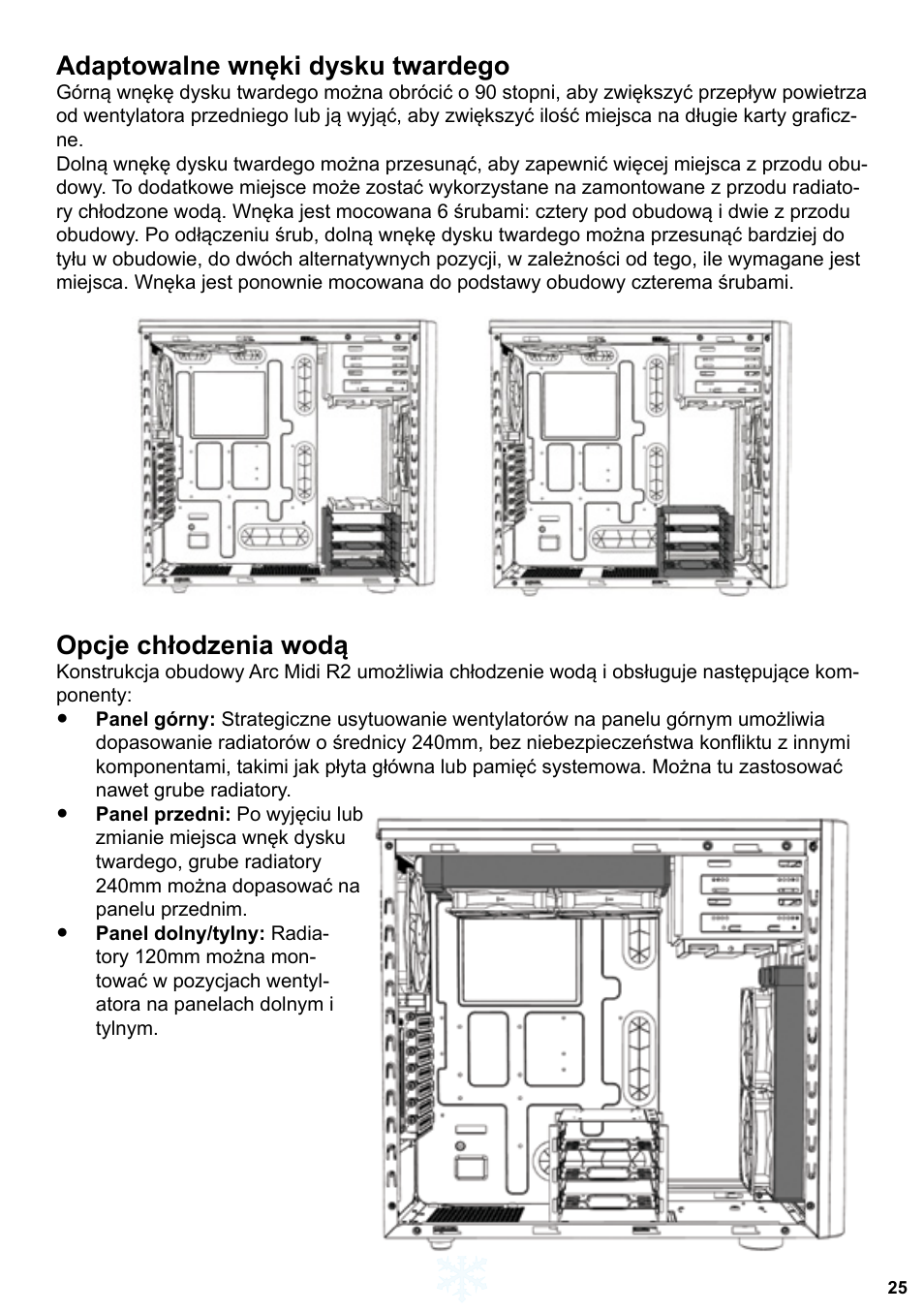 Adaptowalne wnęki dysku twardego, Opcje chłodzenia wodą | Fractal Design ARC Midi R2 Solid Side Panel User Manual | Page 26 / 39