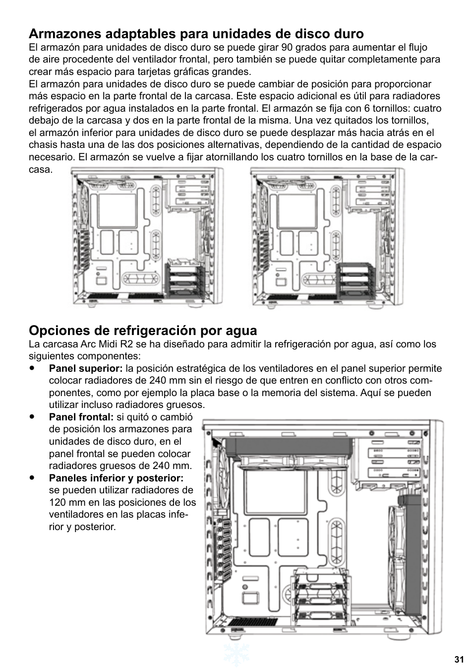 Armazones adaptables para unidades de disco duro, Opciones de refrigeración por agua | Fractal Design ARC Midi R2 Solid Side Panel User Manual | Page 32 / 39